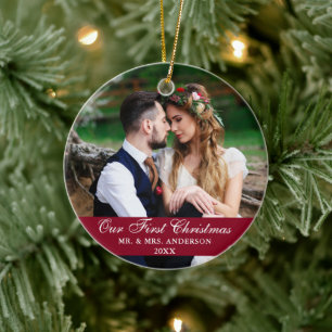 Our First Christmas Wedding Photo Burgundy Ceramic Ornament
