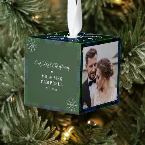 Our First Christmas Wedding Photo Campbell Tartan Cube Ornament