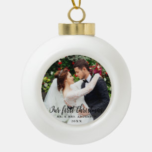 Our First Christmas Wedding Photo Ceramic Ball Christmas Ornament