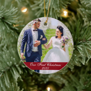 Our First Christmas Wedding Photo Ceramic Ornament