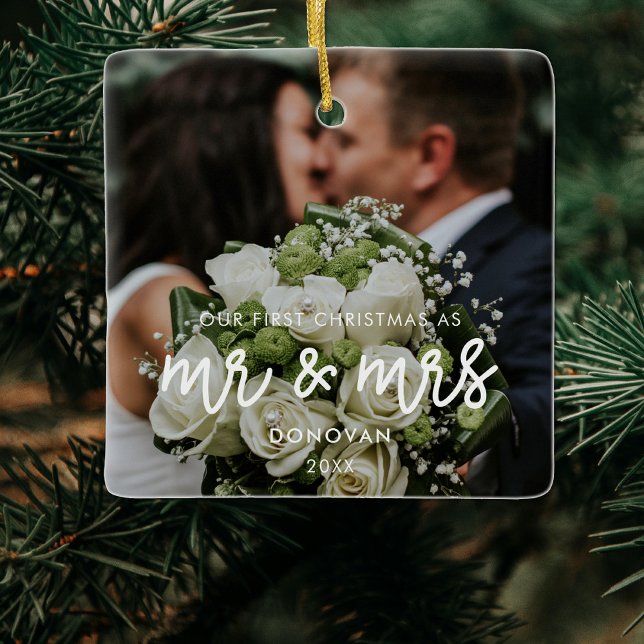 Our First Christmas Wedding Photo Ceramic Ornament (Creator Uploaded)
