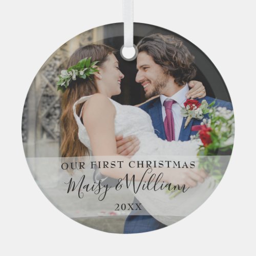 Our First Christmas Wedding Photo Glass Ornament