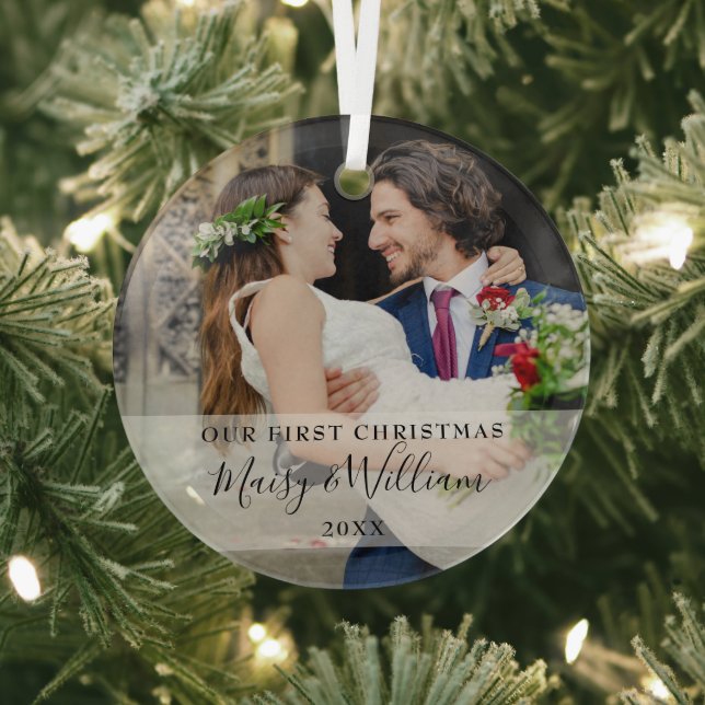 Our First Christmas Wedding Photo Glass Ornament (Insitu)