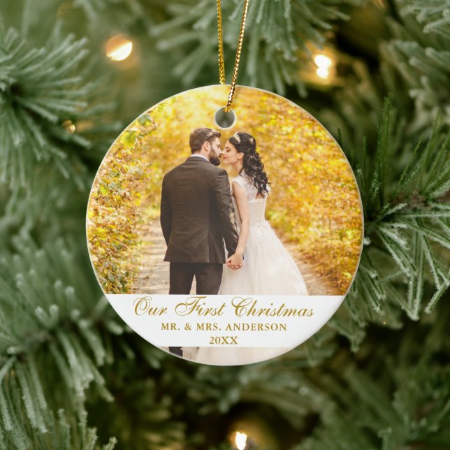 Our First Christmas Wedding Photo Gold Script Ceramic Ornament (Tree)