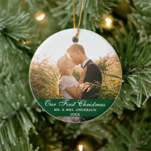Our First Christmas Wedding Photo Green Ceramic Ornament