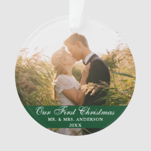 Our First Christmas Wedding Photo Green Ornament