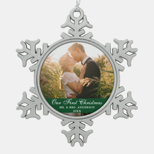 Our First Christmas Wedding Photo Green Snowflake Pewter Christmas Ornament