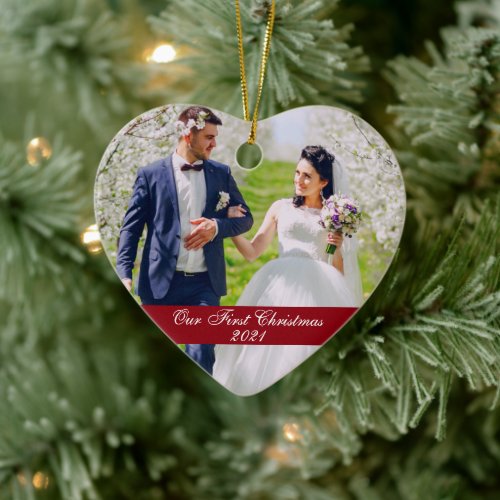 Our First Christmas Wedding Photo Heart Ceramic Ornament