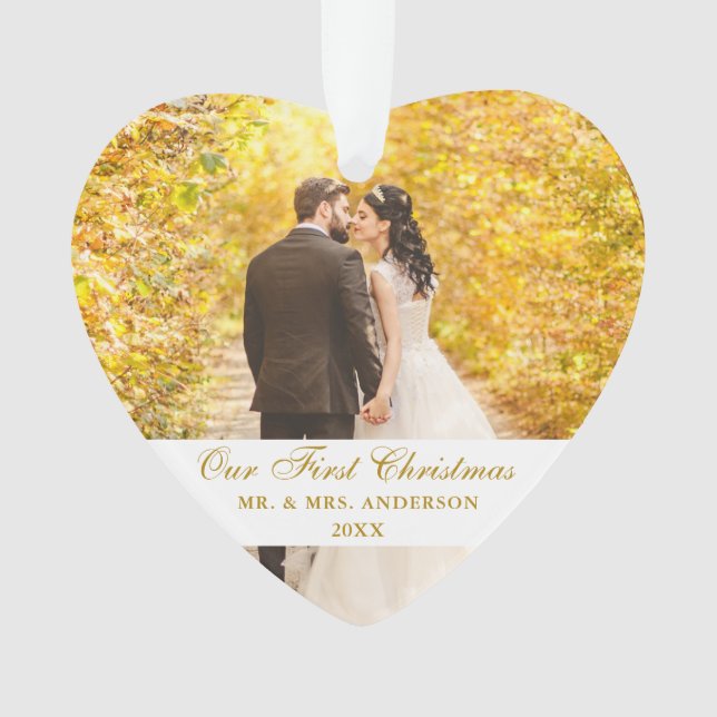 Our First Christmas Wedding Photo Heart Ornament (Front)