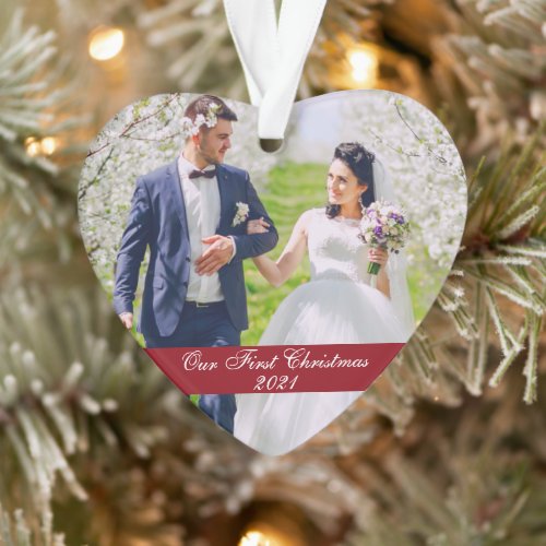Our First Christmas Wedding Photo Heart Ornament