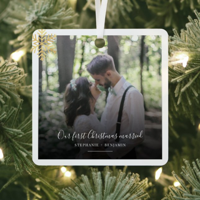 Our First Christmas Wedding Photo Holiday Metal Ornament (Insitu)