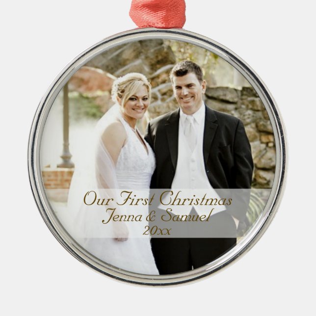 Our First Christmas Wedding Photo Keepsake Metal Ornament (Front)