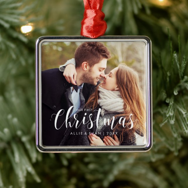 "Our First Christmas" Wedding Photo Metal Ornament (Tree)