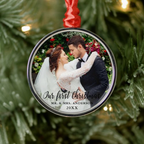 Our First Christmas Wedding Photo Metal Ornament