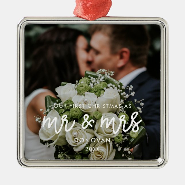 Our First Christmas wedding photo Metal Ornament (Front)