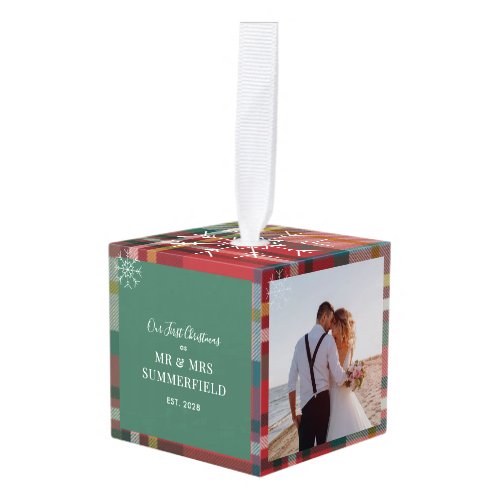 Our First Christmas Wedding Photo Plaid Cube Ornament