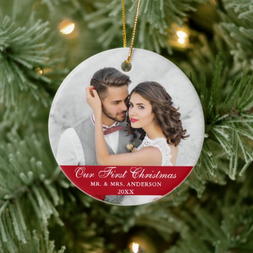 Our First Christmas Wedding Photo Red Ceramic Ornament