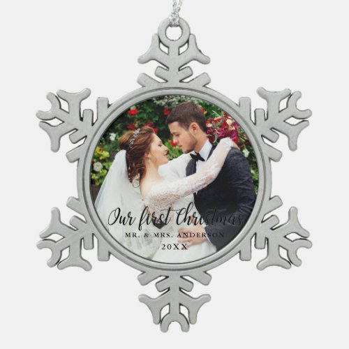Our First Christmas Wedding Photo Snowflake Pewter Christmas Ornament