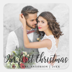 Our First Christmas Wedding Photo Square Sticker