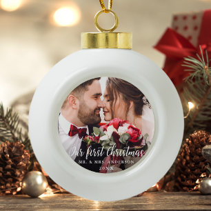 Our First Christmas Wedding Photo White Script Ceramic Ball Christmas Ornament
