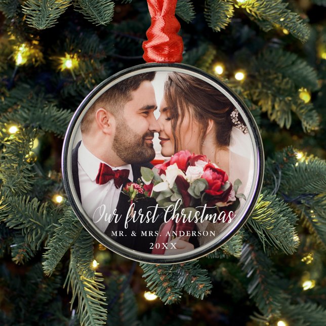 Our First Christmas Wedding Photo White Script R Metal Ornament (Customize to change your personalized text size.)
