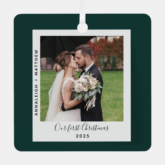 Our First Christmas Wedding Photos Custom Metal Ornament (Front)