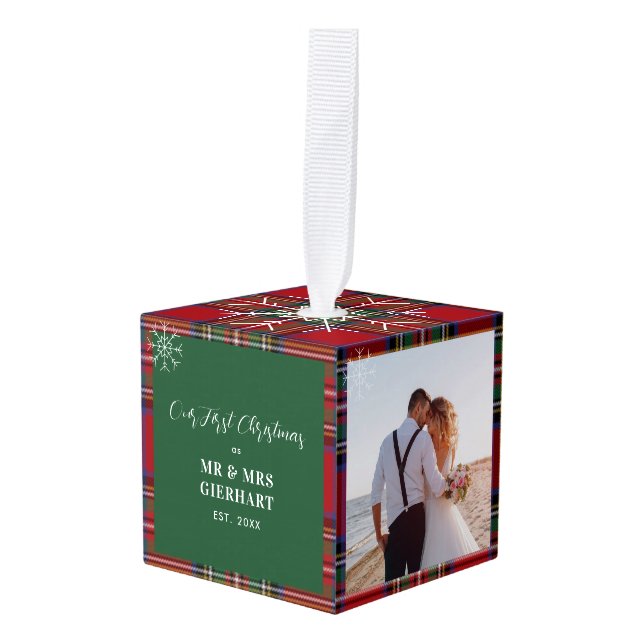 Our First Christmas Wedding Photos Stewart Tartan Cube Ornament (Front Angled)
