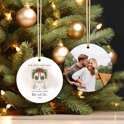 Our First Christmas White Door Couple Photo  Ceramic Ornament