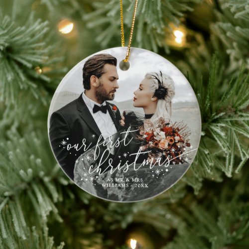 Our First Christmas White Script Wedding Photo Ceramic Ornament