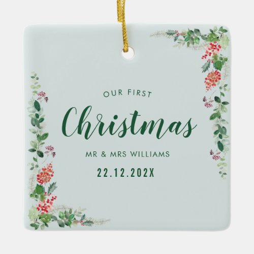 our first christmas winter floral ceramic ornament