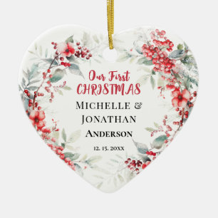 Our First CHRISTMAS Winter Floral Heart  Ceramic Ornament