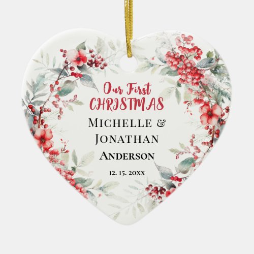 Our First CHRISTMAS Winter Floral Heart  Ceramic Ornament