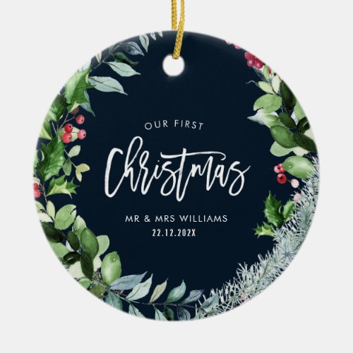 our first christmas winter wreath ceramic ornament