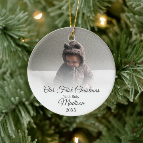 Our First Christmas with Baby Quote Monogram Photo Ceramic Ornament