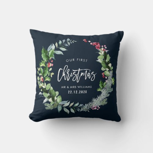 our first christmas wreath wedding announcement throw pillow