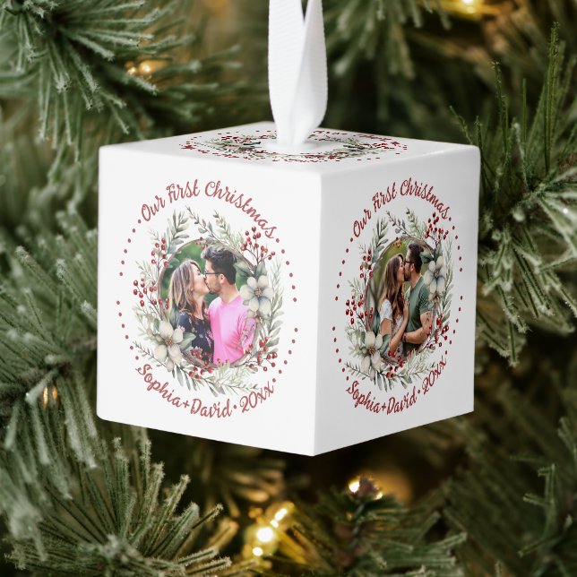Our First Christmas wreath with red berries Cube Ornament (Tree)