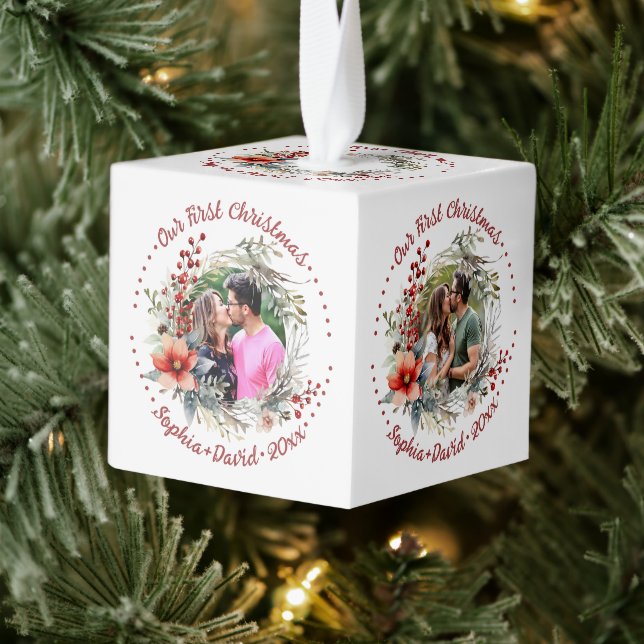 Our First Christmas wreath with red flower Cube Cube Ornament (Tree)