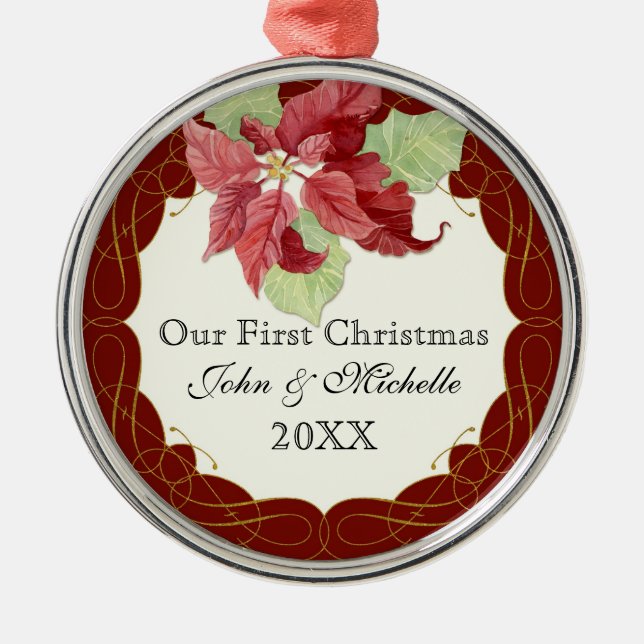 Our First ChristmasTogether Poinsettia Personalize Metal Ornament (Front)