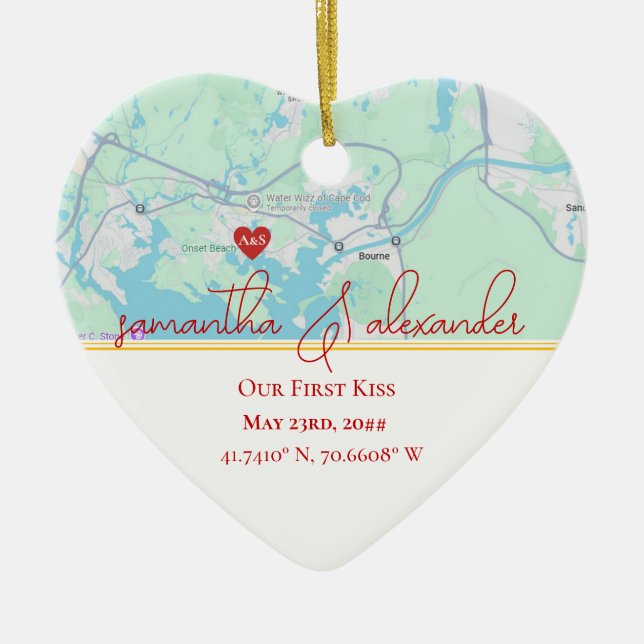 Our First Date Personalized Map Couples Keepsake Ceramic Ornament (Front)