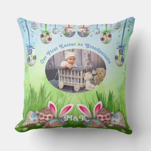 Our First Easter as Grandparents Baby Blue Photo Throw Pillow