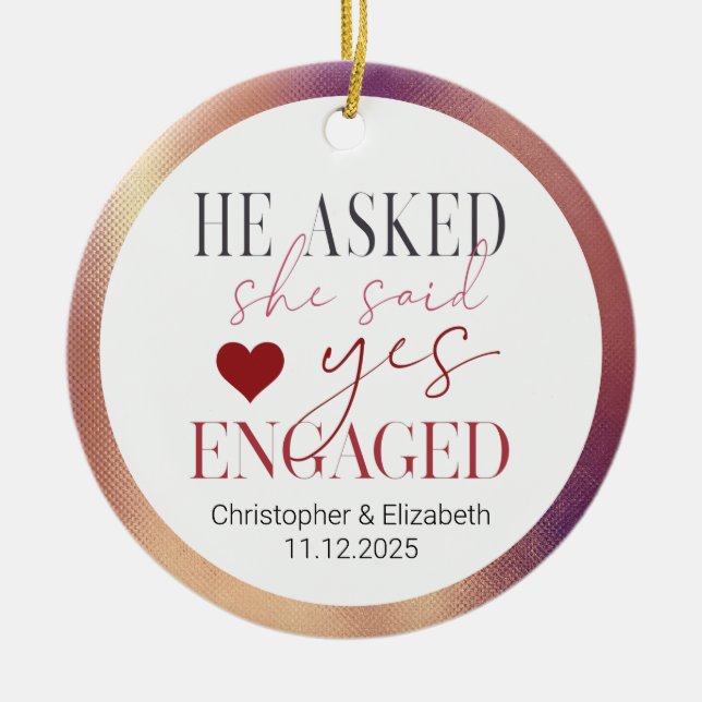 Our First Engaged Rose Gold Christmas Ceramic Ornament (Front)