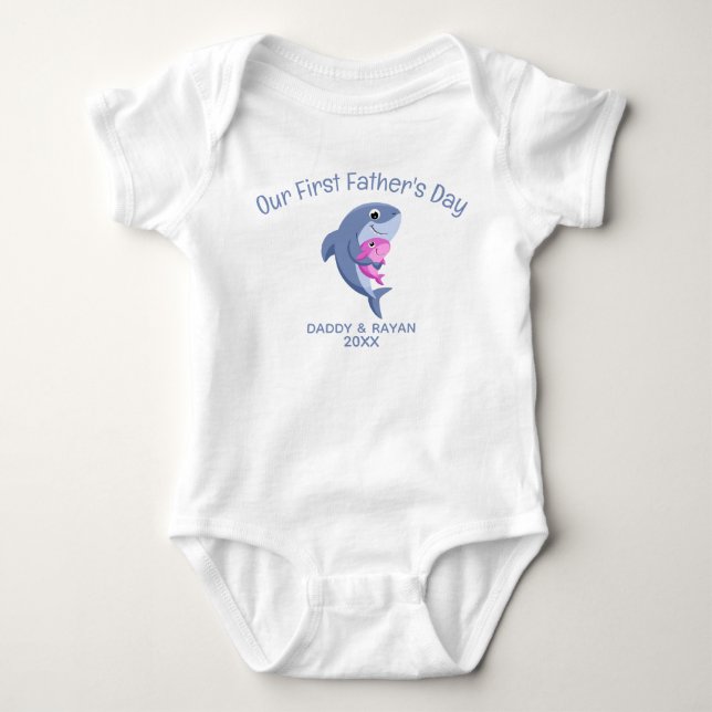 Our First Father's Day, Baby Shark custom name  Baby Bodysuit (Front)