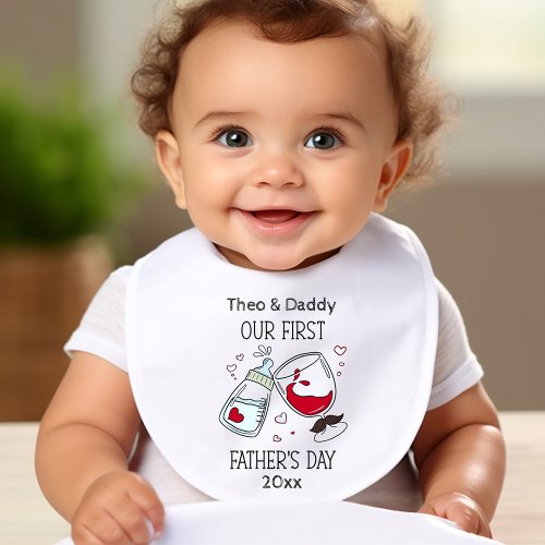 Our First Fathers day Funny Cheers Baby Boy Baby Bib