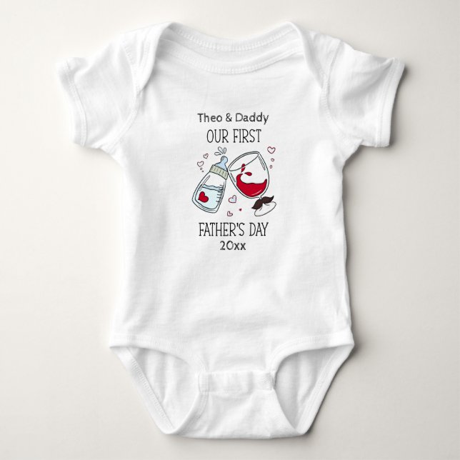 Our First Father's day Funny Cheers Baby Boy Name Bodysuit (Front)