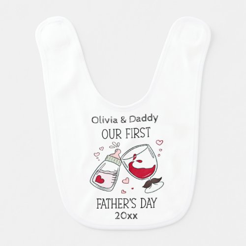 Our First Fathers day Funny Cheers Baby Girl Baby Bib