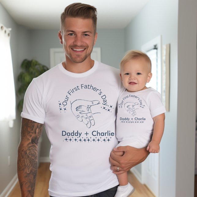 Our First Father's Day Hand holding hand Matching Baby Bodysuit (Matching Daddy and me matching t-shirts. Our first father's day.)