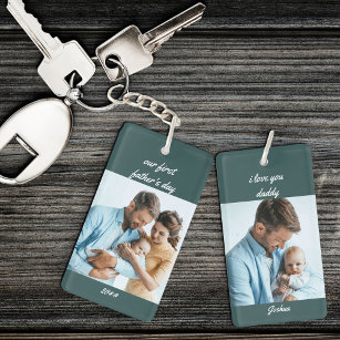 Our First Father's Day Name and Year Green 2 Photo Keychain