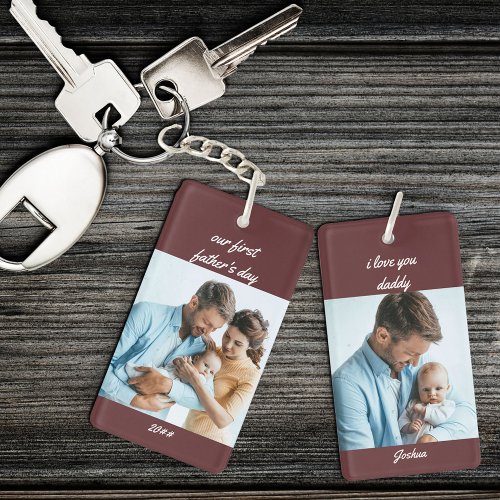 Our First Fathers Day Name and Year Green 2 Photo Keychain