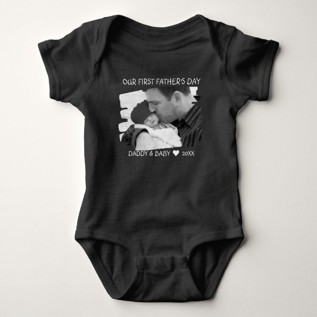 Our First Fathers Day New Dad And Baby Photo Black Bodysuit (Front)