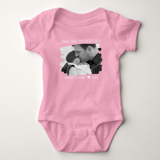 Our First Fathers Day New Dad And Baby Photo Pink Baby Bodysuit (Front)